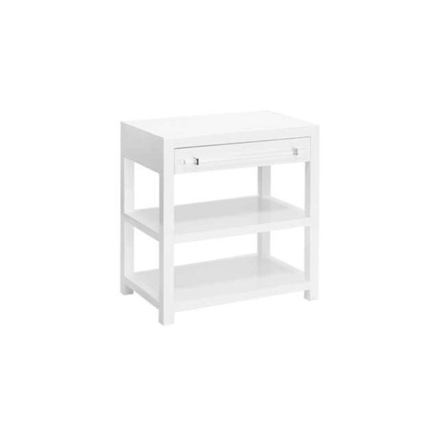 Contemporary Matthew Izzo Home Garbo White Lacquer One Drawer Side Table With Two Open Shelves and Acrylic/Nickel Drawer Pull For Sale - Image 3 of 5