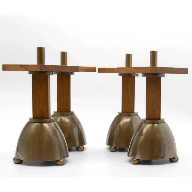 Brutalist Oak & Brass Candleholders, Set of 4 For Sale - Image 6 of 9