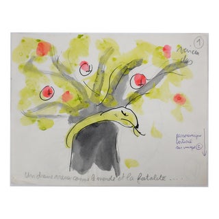 Jean Effel, Teinturier, The Apple Tree Serpent, 1970, Watercolor For Sale