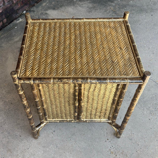 Dorothy Draper 1970’s Faux Tortoiseshell Bamboo Herringbone Rattan Cabinet - Newly Painted For Sale - Image 4 of 12