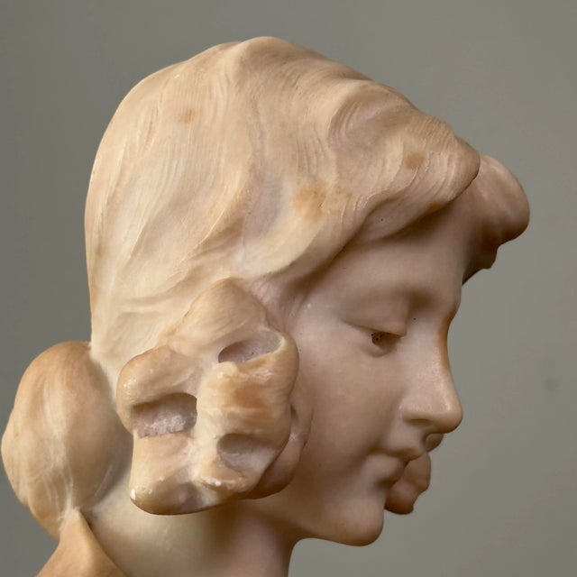 Antique Art Nouveau Hand Carved Alabaster Bust of a Young Woman With Marble Stand For Sale - Image 10 of 10