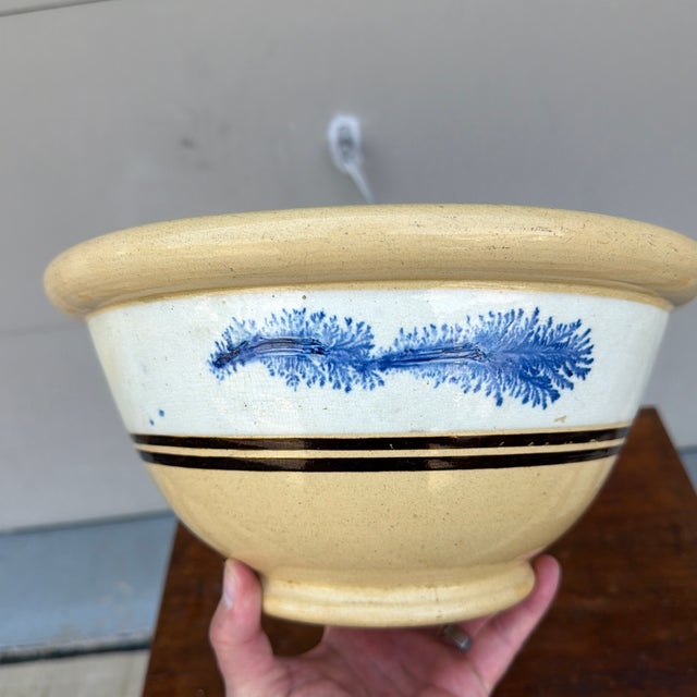Antique English Yellowware Mixing Bowl With Blue Seaweed Decoration, Circa 1840s For Sale - Image 10 of 12