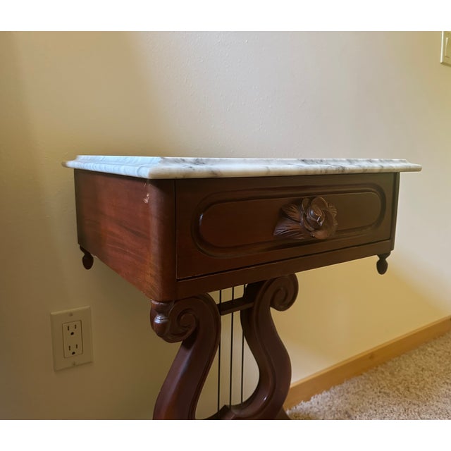 Pair of Vintage Victorian-Style Lyre Harp Base Marble Top Nightstands / Side Tables – Italian Marble, Carved Rose Drawers For Sale - Image 9 of 9