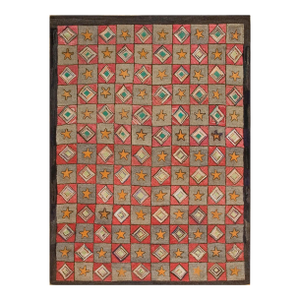 1920s Gray Red Geometric Folk Art Antique American Hooked Rug 6'8" X 7'5" Hand Knotted Wool Carpet