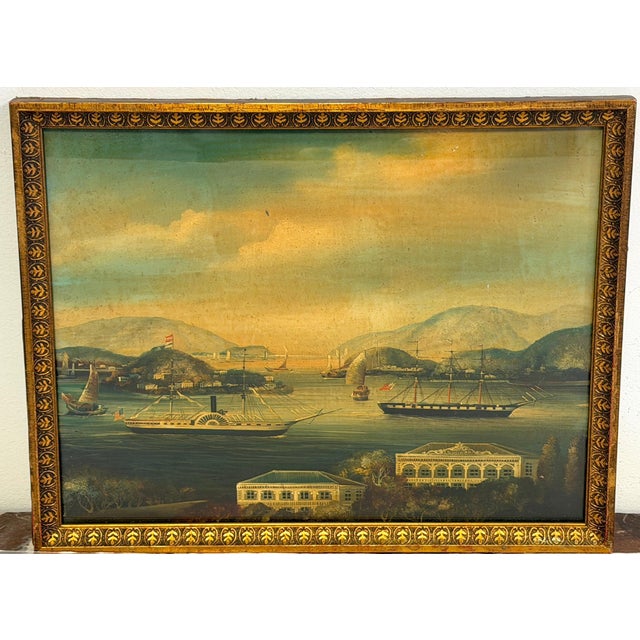 Chinese Export Harbor Scene of Victoria Harbor, Hong Kong with American & British Steamships Chinese School, Hand Painted...