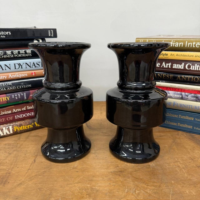 Rustic Black Ceramic Vases with Bold Tiered Silhouette - A Pair For Sale - Image 3 of 10