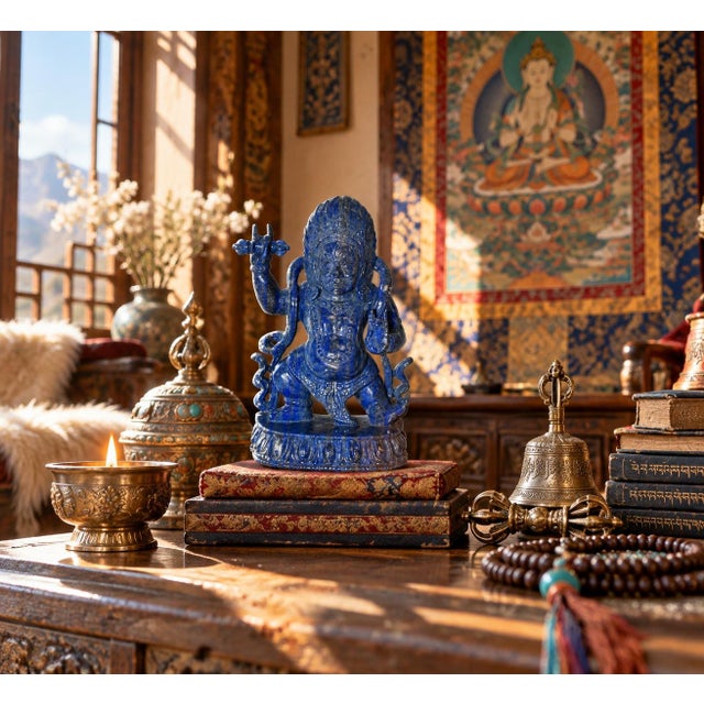 An exceptional, masterfully hand-carved natural lapis lazuli 3-lb sculpture depicting Vajrapani, the wrathful Bodhisattva...