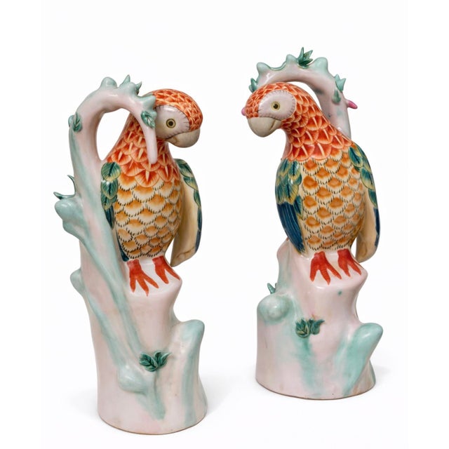 Herend Mid 20th century Chinoiserie Hand Painted Parrots in the Style of Herend - A Pair For Sale - Image 4 of 6