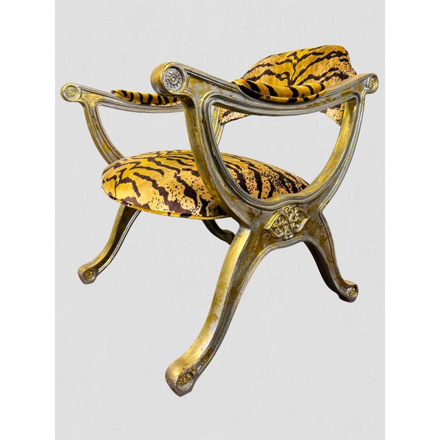 Vintage Curule Style Chair Pair Newly Upholstered Silk Tiger Velvet For Sale - Image 10 of 15