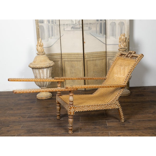 Early 20th Century Anglo-Indian Inlaid Plantation Chair with Scrolling Foliage and Extending Arms For Sale - Image 11 of 12