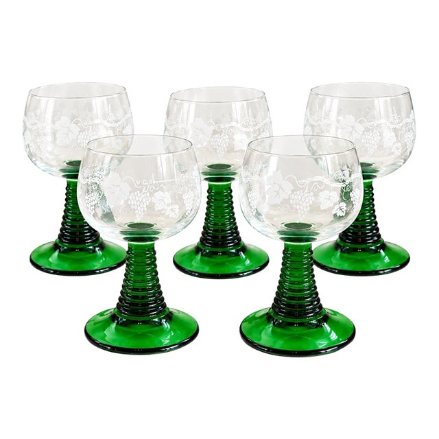 Vintage French Luminarc Roemer Green Stem Wine Glasses – Set of 5 For Sale