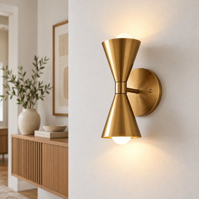 Not Yet Made - Made To Order Handcrafted Brass Double-Cone Wall Sconces Sculptural Bedroom & Living Room Lighting - Set of 2 For Sale - Image 5 of 7
