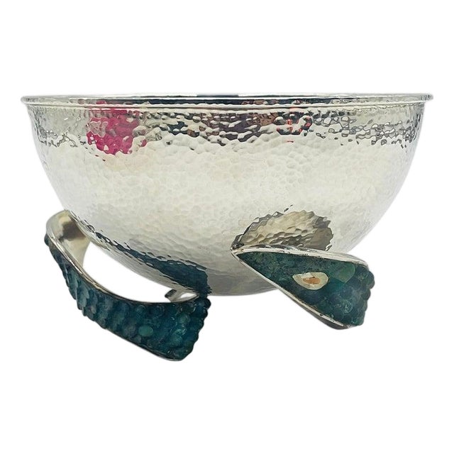 Los Castillo 1950s Silver Bowl With Malachite-Inlaid Fish Base, Taxco, Signed For Sale