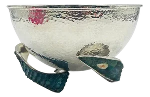 Los Castillo 1950s Silver Bowl With Malachite-Inlaid Fish Base, Taxco, Signed