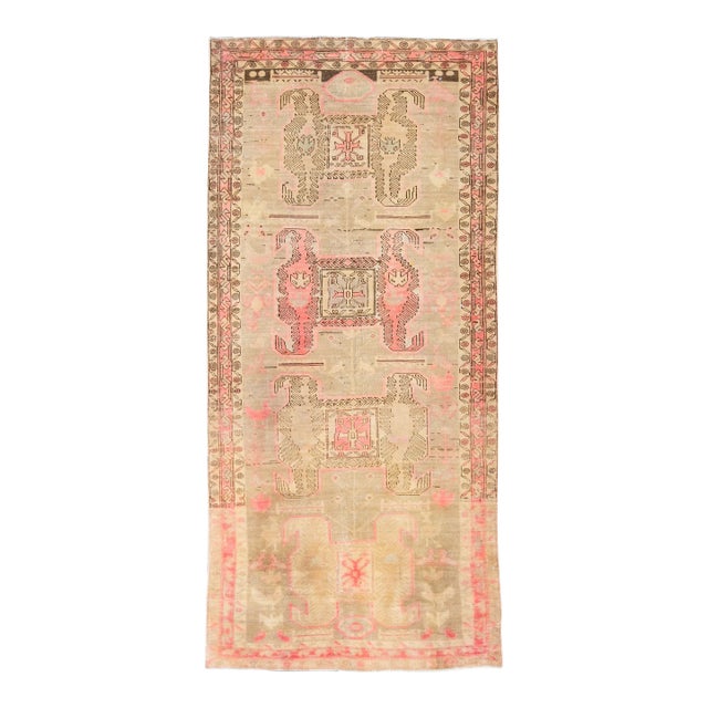 1960s Vintage Persian Distressed Handmade Geometric Beige Wool Rug For Sale