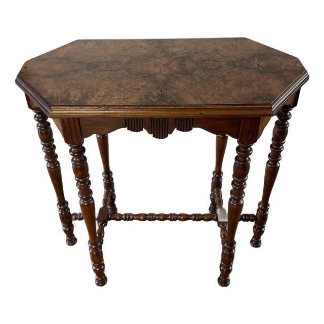 Antique Victorian Burl Walnut Octagonal Side Table, Bobbin Turned Legs For Sale
