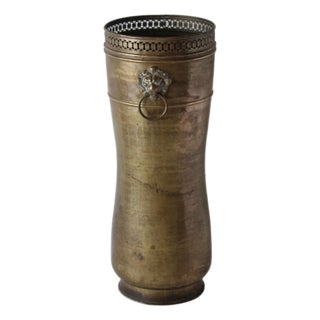 Spanish Hammered Brass Lion-Head Hoop Handles Umbrella Stand Gallery Rim Details With Patina Vintage Mid-Century For Sale