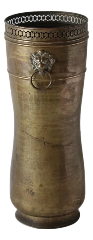 Spanish Hammered Brass Lion-Head Hoop Handles Umbrella Stand Gallery Rim Details With Patina Vintage Mid-Century
