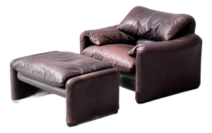 Set of Maralunga Armchair and Ottoman in Leather by Vico Magistretti for Cassina, Italy, 1970s