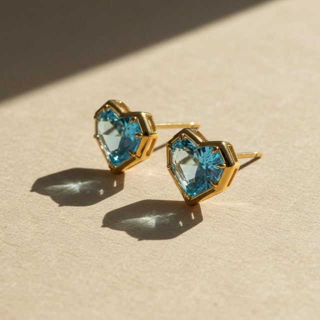 Modern Geometric Heart Topaz Stud Earrings, Silver, Gold, Pair For Sale - Image 3 of 10