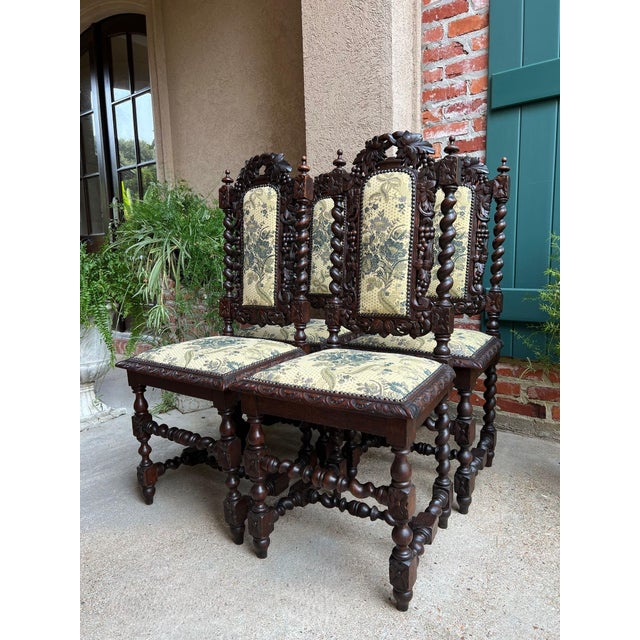 Set 4 Antique French Dining Chairs Barley Twist Renaissance Carved Oak Green 1900 For Sale - Image 13 of 18