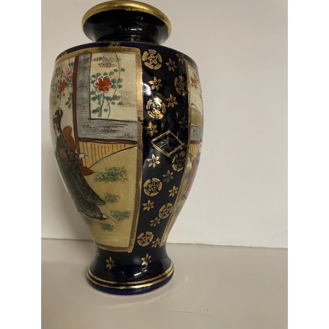 Japanese Antique Japanese Meiji Satsuma Hand-Painted Figural Cabinet Vase, Black & Gold, 10” For Sale - Image 3 of 11