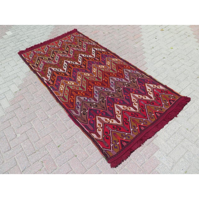 Mid 20th Century Mid 20th Century Maroon Red Herringbone Design Turkish Kilim Rug Tribal Area Rug For Sale - Image 6 of 10
