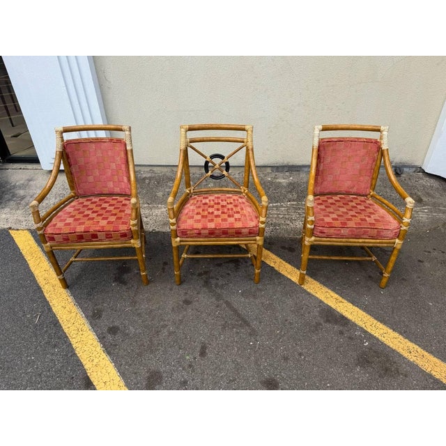Late 20th Century McGuire Rattan Target Design Bamboo Dining Open Armchairs- Set of 3 For Sale - Image 10 of 12