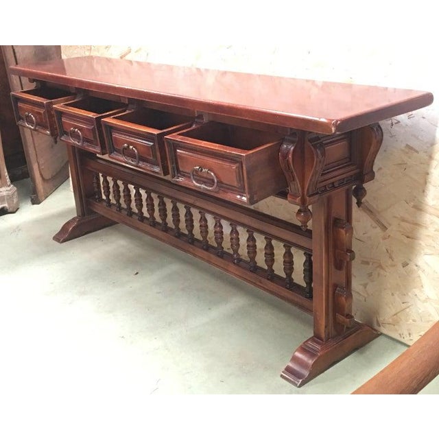 Spanish 20th Century Walnut Console Table With Four Carved Drawers Signed by Valentí For Sale - Image 3 of 13
