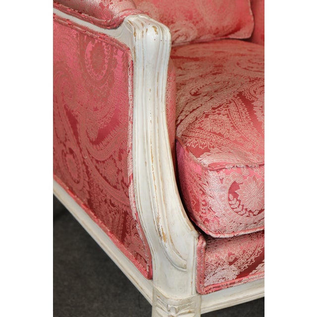 1950's Pair Beautifully Tailored French Louis XVI Style Painted Bergere Chairs For Sale - Image 9 of 9