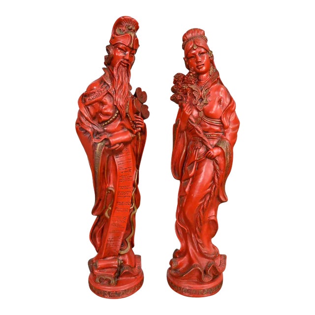 Vintage Asian Style Chinoiserie Faux Cinnabar Large Red Decorative Statues Male & Female For Sale