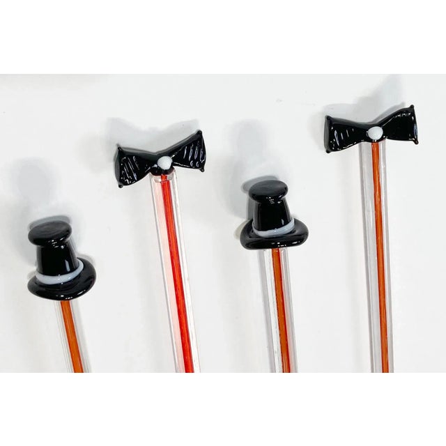 Mid-Century Modern Vintage Blown Glass Top Hat Bowtie Swizzle Stir Sticks, S/4 For Sale - Image 3 of 5