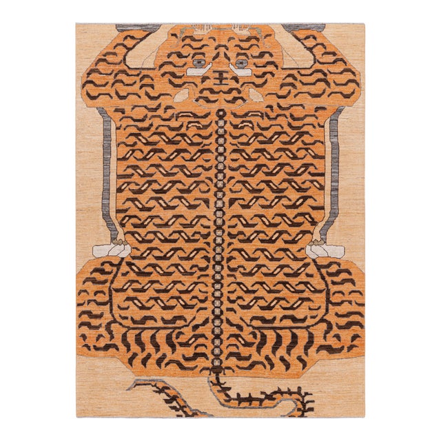 Rug & Kilim’s Contemporary Tiger Rug in Gold With Brown and Orange Pictorial For Sale