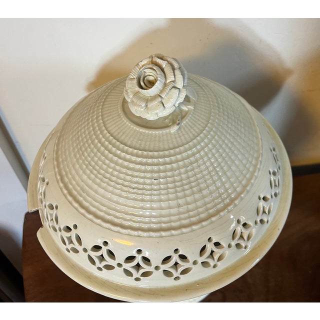 English Antique 18th Century George III Creamware Covered Footed Bowl, Compote or Centerpiece With Flower Finial For Sale - Image 3 of 17