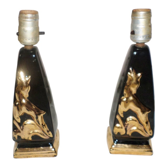 Vintage Art Deco Black & Gold With Gazelle Design Table Lamps - a Pair For Sale
