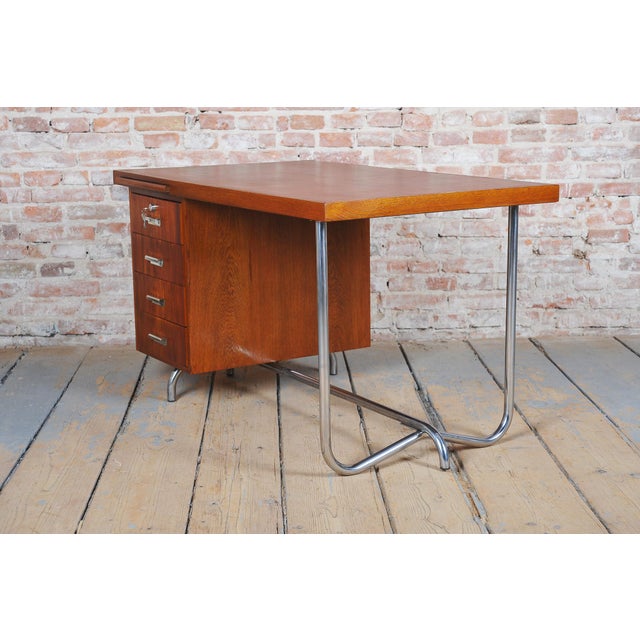 Bauhaus Writing Desk in Oak and Chrome attributed to Hynek Gottwald, Czechia, 1930s For Sale - Image 11 of 15