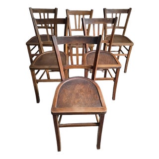 Vintage French Beech Wood Bistro Chairs, 1950s, Set of 6 For Sale