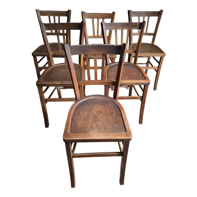 Vintage French Beech Wood Bistro Chairs, 1950s, Set of 6 For Sale