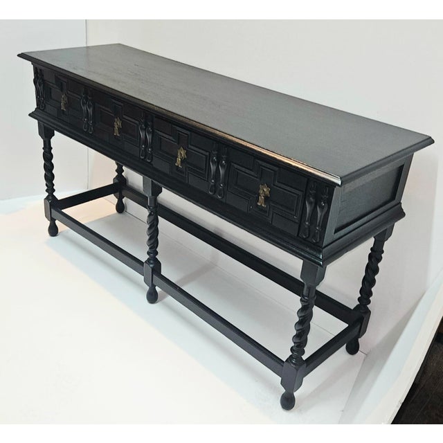 Spanish Revival Antique Kittinger Two Drawer Ebonized Oak Jacobean Style Sideboard / Console Table For Sale - Image 3 of 12