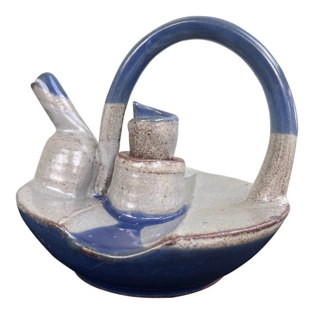 Mid-Century Studio Art Pottery Pouring Vessel – Blue & Beige Stoneware Cruet Form For Sale
