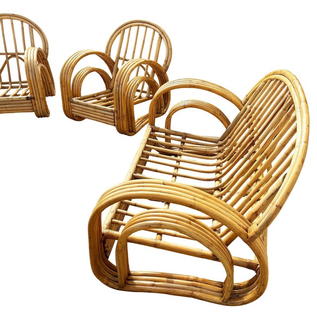 1950s Restored 4-Strand Double Arch Speed Arms Rattan Sofa & Chairs Livingroom Set of 5 For Sale - Image 10 of 14