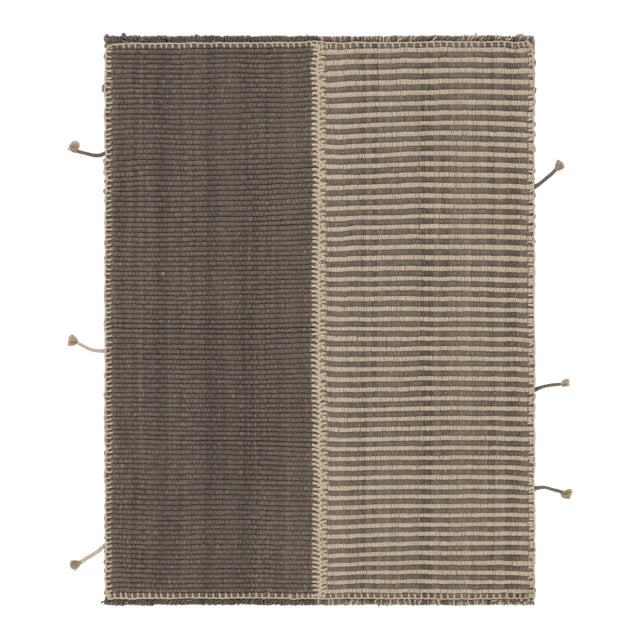 Rug & Kilim’s Accent Kilim, Square Rug With Textural Gray and Beige Stripes For Sale