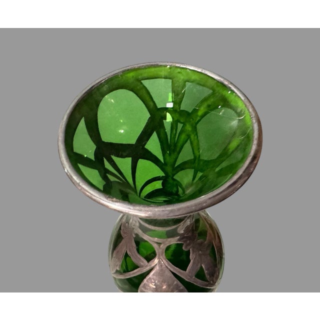 Antique Art Nouveau Sterling Silver Overlay Green Art Glass 8" Vase For Sale - Image 12 of 12