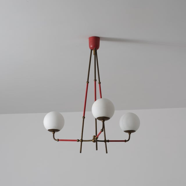 Vintage Italian Brass and Red Lacquered Chandelier with Opaline Glass, 1950s For Sale - Image 13 of 13