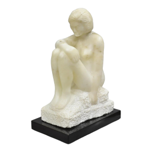 Late 20th Century Morton Gaffin "Seated Woman" Modernist Carved White Alabaster Nude Sculpture
