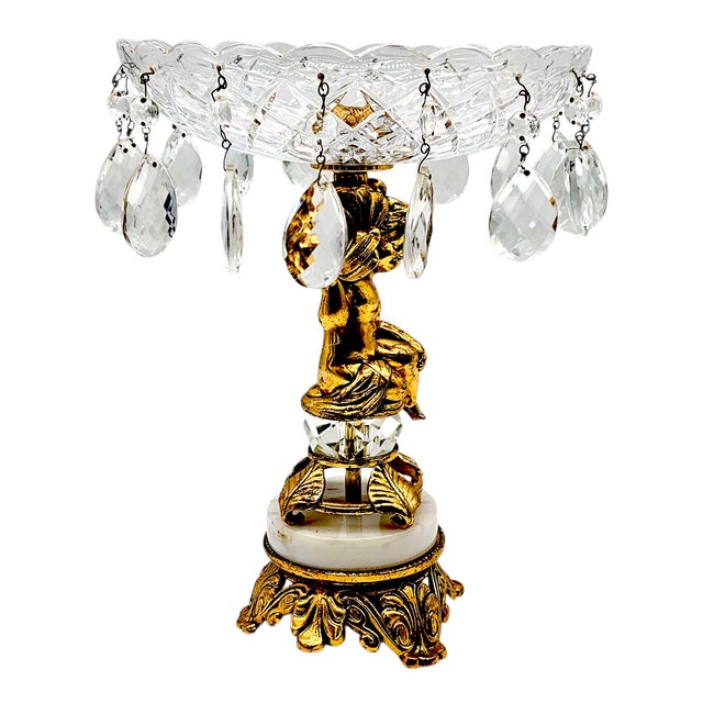Hollywood Regency Hollywood Regency Gilt Cherub Centerpiece Bowl With Hanging Crystal Drops and Ornate Footed Base For Sale - Image 3 of 11
