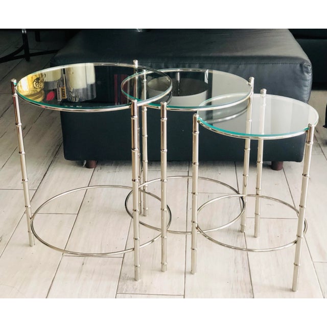 Late 20th Century French Jacques Adnet Style Faux Bamboo Round Nesting Tables - Set of 3 For Sale - Image 5 of 9
