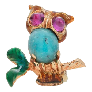 1950s 14 Karat Yellow Gold Ruby Turquoise Enamel Owl Brooch 0.80 Inch Long