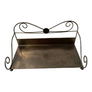 Vintage Footed Aluminum Tray With Curly Arms and Rosé Embellishment