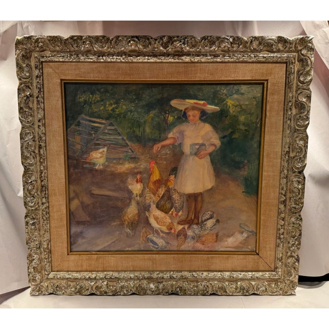 French 19th Century French Impressionist Watercolor Painting of a Girl With Chickens For Sale - Image 3 of 10